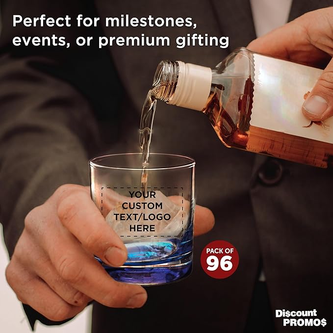 Custom Lexington Rocks Whiskey Glass 10.5 oz, Set of 96, Personalized Bulk Pack - Perfect for Scotch, Bourbon, Whiskey, Cocktail - Blue
