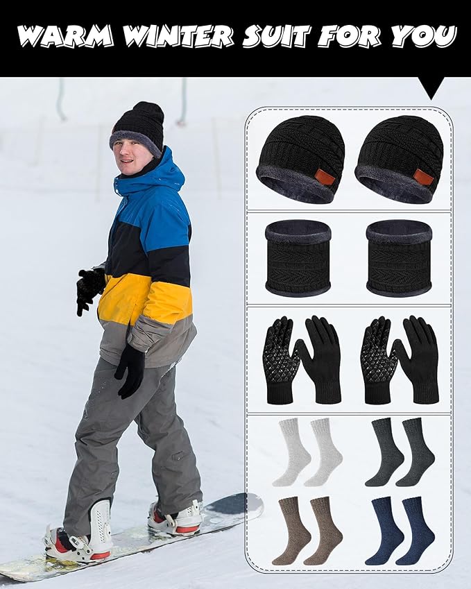 10 Pieces Winter Hat Beanie Scarf Touch Screen Gloves and Sock Set Slouchy Knit Skull Cap Beanies Fleece Lining Neck Warmer