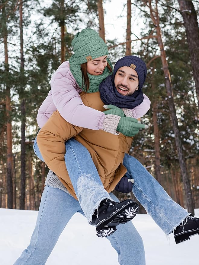 Winter Beanie Hat Scarf Gloves, Warm Fleece Knit Hats Touch Screen Gloves Neck Scarf Set Winter Gifts for Unisex Adult
