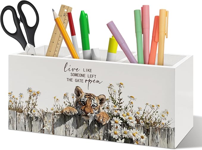 Rustic Tiger Pen Holder Organizer, Farmhouse Tiger Gifts for Women Girls Desk Decor, Live Like Someone Left the Gate Open Wooden Pen Pencil Holders for Vintage Desk Accessories
