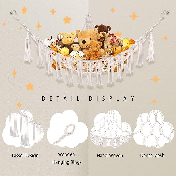 CERETIA Stuffed Animal Hammock with LED Light, Large Stuffed Animals Storage Corner Plushie Net for Kids Room Decor, White