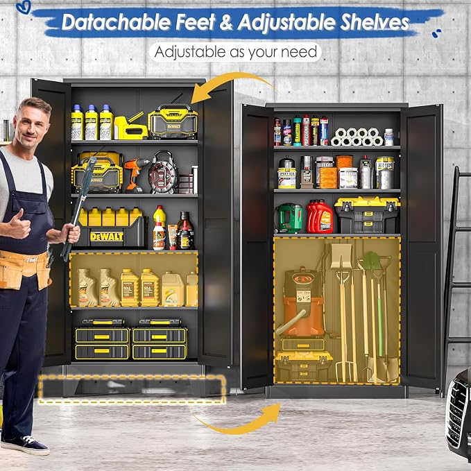 GAIOUS 71" Tall Metal Storage Cabinet with 2 Doors and 4 Adjustable Shelves, Kitchen Pantry Cabinet Black Freestanding Cupboard, 5 Tier Multifunctional Steel Storage for Office, Kitchen, Dining Room