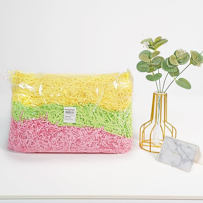 Bobobag - 1LB Easter Crinkle Cut Paper Shred Filler Recyclable Gift Wrap confetti Raffia Grass Shred Paper for Easter Baskets Filler Creative Eggs Decor (Yellow/Green/Pink)