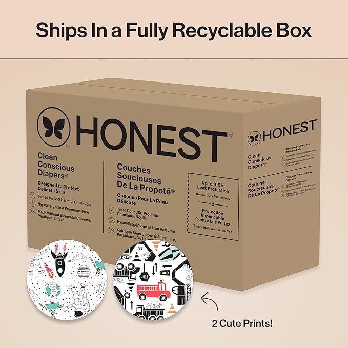 The Honest Company Clean Conscious Diapers for Delicate Skin Up to 100% Leakproof Hypoallergenic Fragrance-Free Baby Gender Neutral Prints Super Club Box Size 4 (22–37 lbs) 104