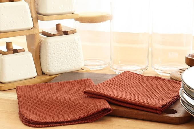 PurpleEssences Dish Cloths and Dish Rags - 8 Pack Waffle Weave Solid Kitchen Dish Wash Cloths, 100% Cotton, 12 x 12 Inches, Ultra Soft Absorbent Quick Drying - Christmas Holiday Winter - Rust