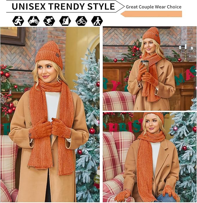 Womens Winter Knit Warm Hat Beanie Long Scarf Touch Screen Gloves Set Skull Caps Neck Scarves for Women