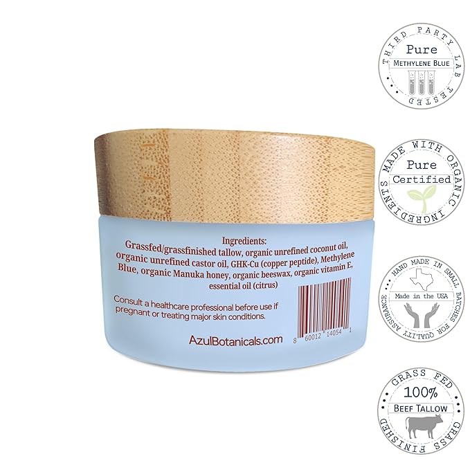 Copper Peptide GHk-Cu & Methylene Blue Infused Whipped Grass Fed Tallow Balm, Fine lines, Wrinkles, Eczema, Acne, Full body Moisturizer, For All Skin, With Organic Ingredients 1.7oz