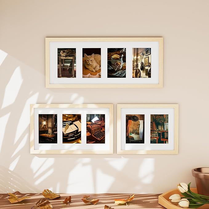 Vittanly 8x14 Picture Frames Collage Wall Decor, Displays 3Pcs 4x6 Pictures with Mat or 1Pcs 8x14 without Mat, Collage Picture Frame for Horizontal or Vertical Display, Nature Wood, 1 Pack