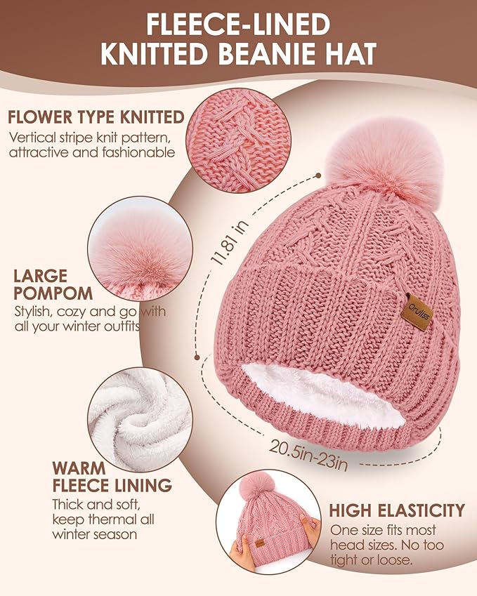 Womens Winter Beanie Hat Scarf Gloves Set, Fleece Lined Knitted Hat with Pompom Long Scarf Touchscreen Mittens for Women Men