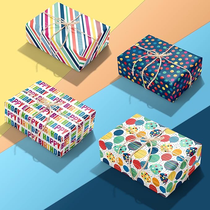 MotiGiftie Birthday Wrapping Paper for Boys Girls Women Men,12 Sheets Gift Wrapping Paper with “Happy Birthday” Polka Dots, Balloons, Colorful Stripes - Holiday Gift Wrap 20×28 Inch