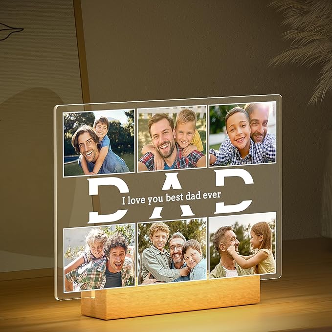 Personalized Birthday Gifts for Dad from Daughter Son, Custom Picture Frames with Photos, Customized Photo Frame with Night Light, Personalized Christmas Gifts for Dad Baby Kid Family