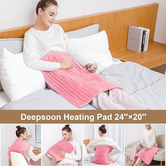 Deepsoon Heating Pad,Electric Heating Pads for Back,Neck,Abdomen,Moist Heating Pad for Shoulder,Knee,Arms,Legs,Dry/Moist Heat & Auto Shut Off,Christmas Gifts for Men and Women,BabyPink,24x20 Inch