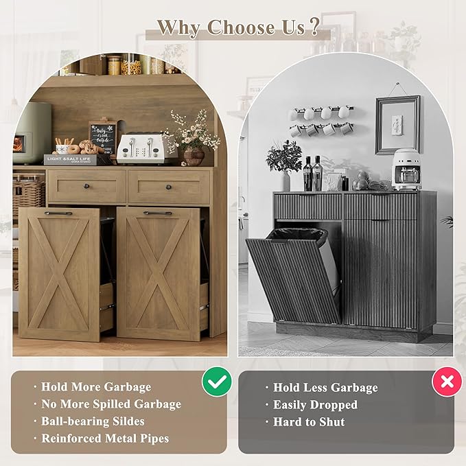 HOSTACK 12.5 Gallon Kitchen Trash Cabinet, 47" Double Trash Can Cabinet, Large Pull Out Can Storage Drawers, Wood Farmhouse Hidden Garbage Storage Buffet for Kitchen, Dining Room, Rustic Brown
