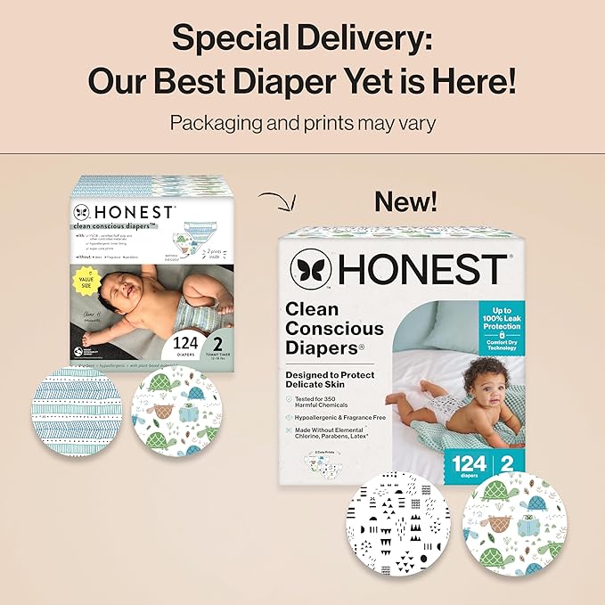The Honest Company Clean Conscious Diapers for Sensitive Skin Up to 100% Leakproof Hypoallergenic Fragrance-Free Baby Gender Neutral Prints Super Club Box Size 2 (12–18 lbs) 124