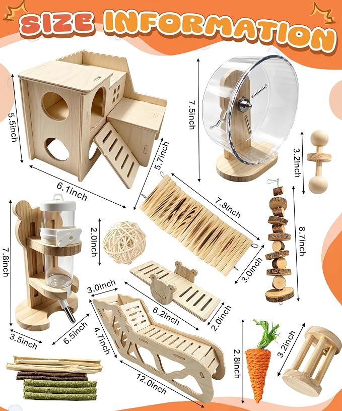 Hamster Cage Accessories, Rat Guinea Pig Chew Toys Ball Set | Silent Wheel, Maze Wood House and Water Bottle, Habitat Hideout Natural Molar Tools for Hamster, Guinea Pig, Bunny, Rabbit