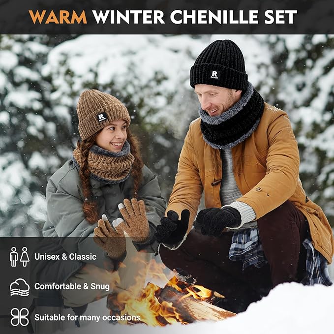 Winter Beanie Hat Circle Scarf Gloves Set for Men Women, Thick Warm Chenille Skull Cap Touchscreen Gloves Neck Warmer