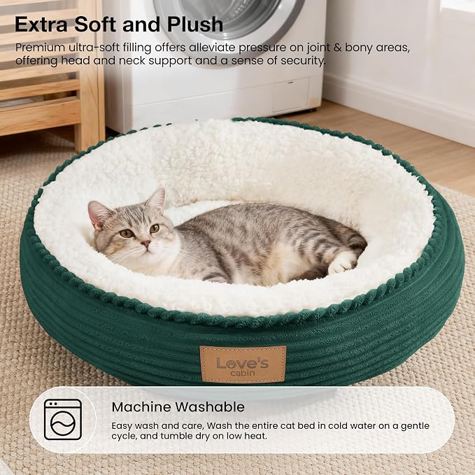 Love's cabin Round Donut Cat and Dog Cushion Bed, 20in Pet Bed for Cats or Small Dogs, Anti-Slip & Water-Resistant Bottom, Super Soft Durable Fabric Pet beds, Washable Luxury Bed Dark Green