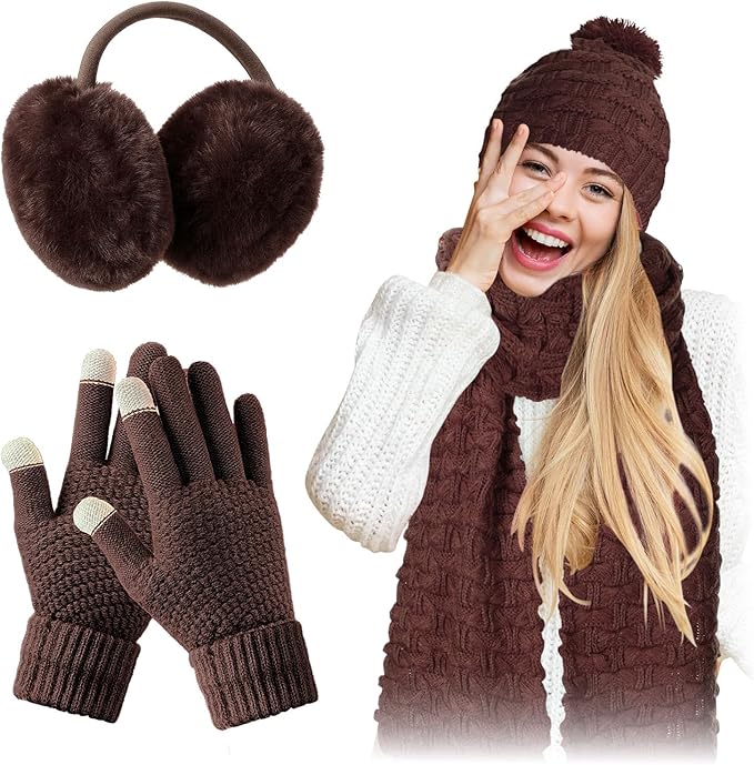JenPen 4 Pcs Winter Hat Scarf and Gloves Set for Women Include Ear Cover Cold Weather Scarf Hat Knit Beanie Gloves