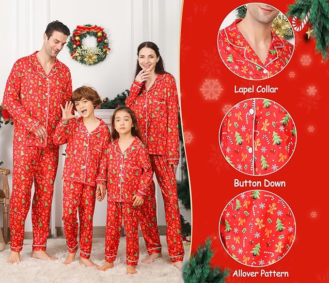 ANGELGGH Family Christmas PJs Matching Sets 2 Pcs Festival Party Pajamas Holiday Warm Sleepwear Couples Button Loungewear