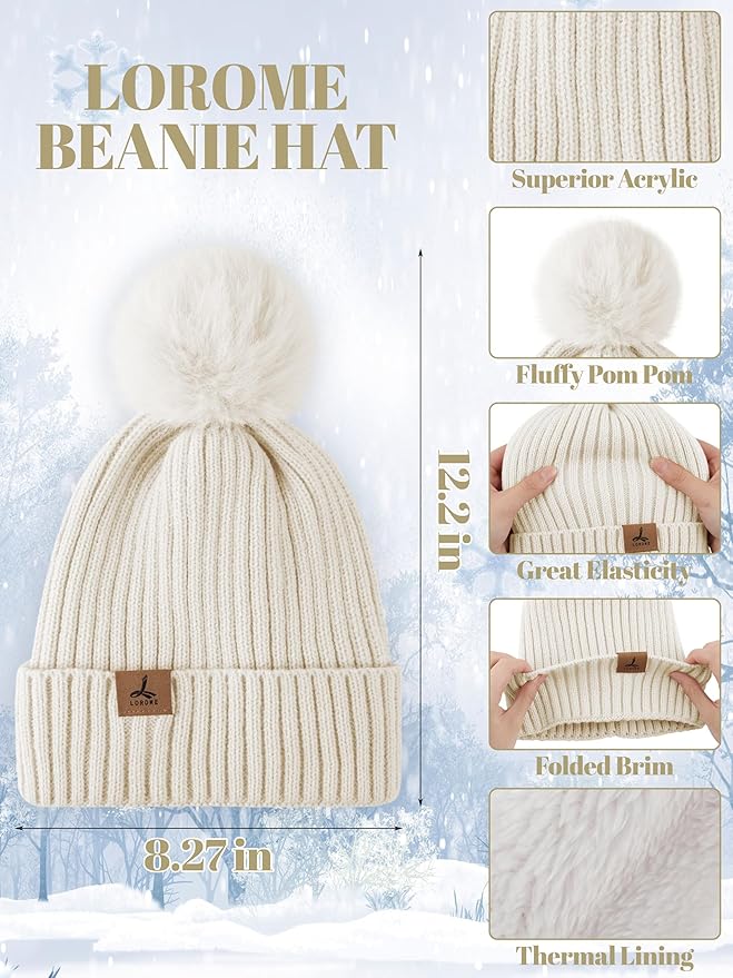 LOROME Women Winter Beanie Hat Scarf Gloves Set, Fleece Knitted Pompom Hat Warm Neck Scarf Touchscreen Gloves Winter Gift