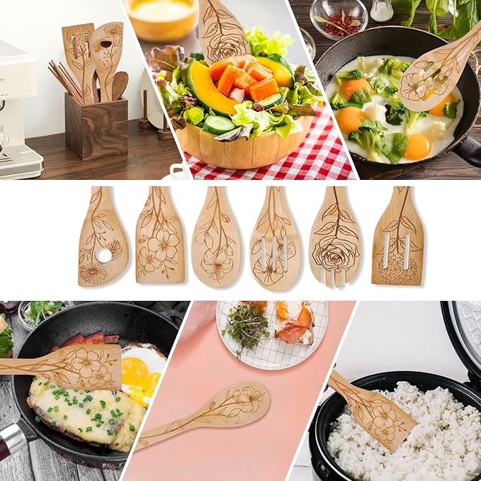 GLOBLELAND 6Pcs Floral Bamboo Cooking Utensils Wooden Engraved Cooking Spoons Set Carving Kitchen Bamboo Spatula Set for Women and Men Wood Cooking Spoon for Kitchen House Warming Gift