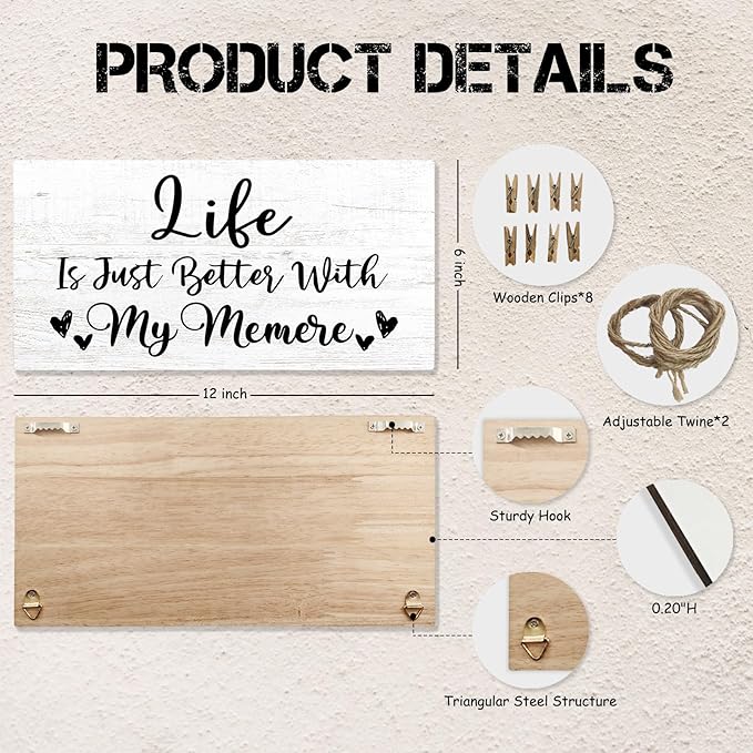 Memere Gifts Picture Frame Photo Holder for Wall, Birthday Gifts for Memaw Grandma, Thank You Grandmother Mawmaw Gift from Grandchildren Grandkids Hanging Photo Display