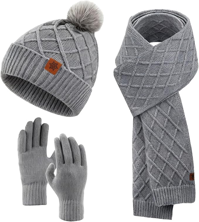 YARIEW Winter Hat Scarf and Gloves Set for Women, Warm Knitted Beanie with Pom Pom, Soft Ear Warmer Scarf, Warm Gloves