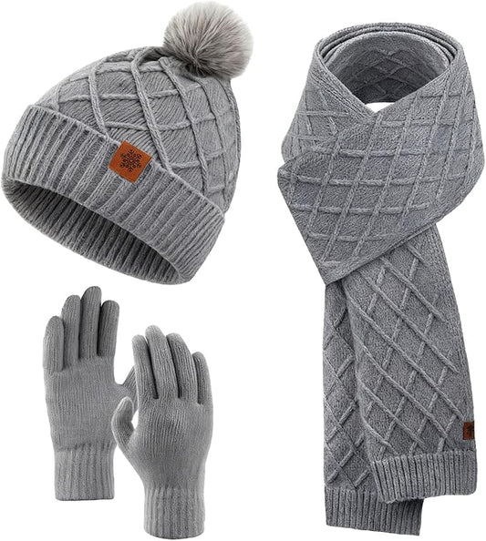 YARIEW Winter Hat Scarf and Gloves Set for Women, Warm Knitted Beanie with Pom Pom, Soft Ear Warmer Scarf, Warm Gloves