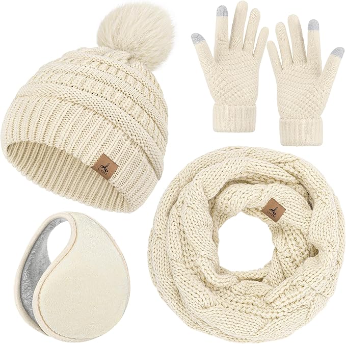 Winter Hat Scarf Gloves and Ear Warmer, Warm Knit Beanie Hat Touch Screen Gloves Set Winter Gifts Neck Scarves for Women