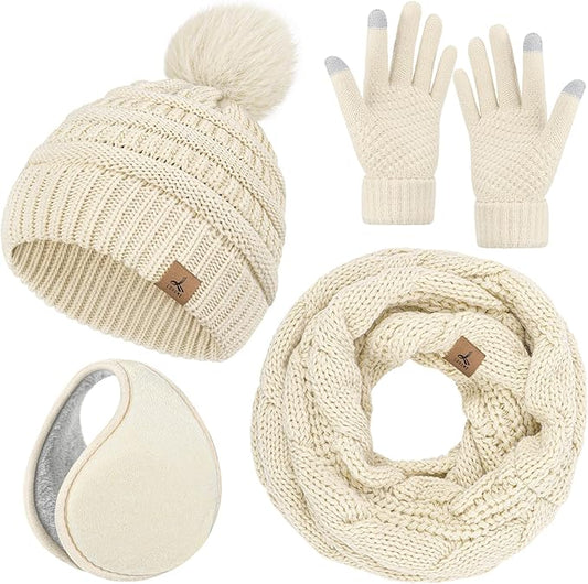 Winter Hat Scarf Gloves and Ear Warmer, Warm Knit Beanie Hat Touch Screen Gloves Set Winter Gifts Neck Scarves for Women