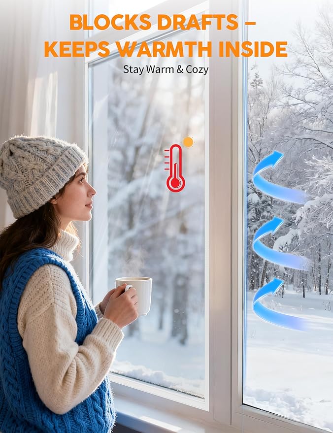 Ready-to-Install Plastic Window Insulation Film 39″×63″ (Fits 36″×60″ Windows), Reusable Clear Draft Protection Window Cover with Built-in Hook & Loop Edge, No Cutting or Messy Tape