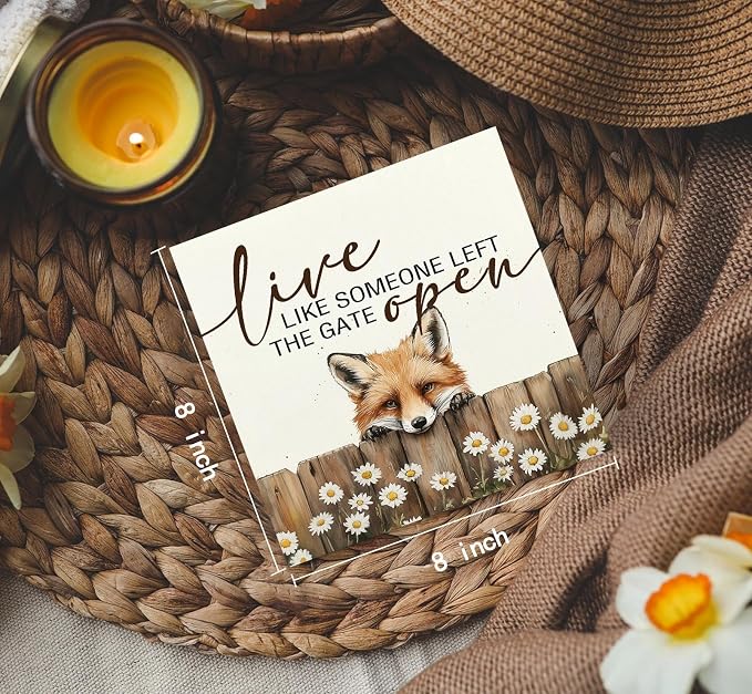 Fox Wooden Box Sign - Rustic Farmhouse Live Like Someone Left the Gate Open Signs for Home Decor,Farm Cottagecore Animal Office Kitchen Bedroom Decor,Fox Gifts for Women Men, 8x8