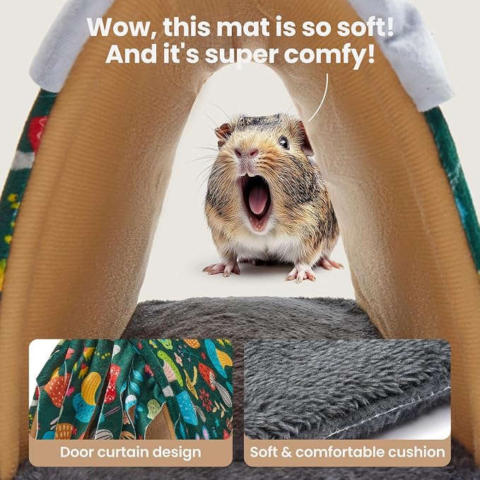 Guinea Pig Hideout Soft Large Bed Tunnel with Door Curtain 2 Pack Guinea Pig Toys Set Bunny Bed Cage Accessories for Small Animals (Blackish Green Mushroom)