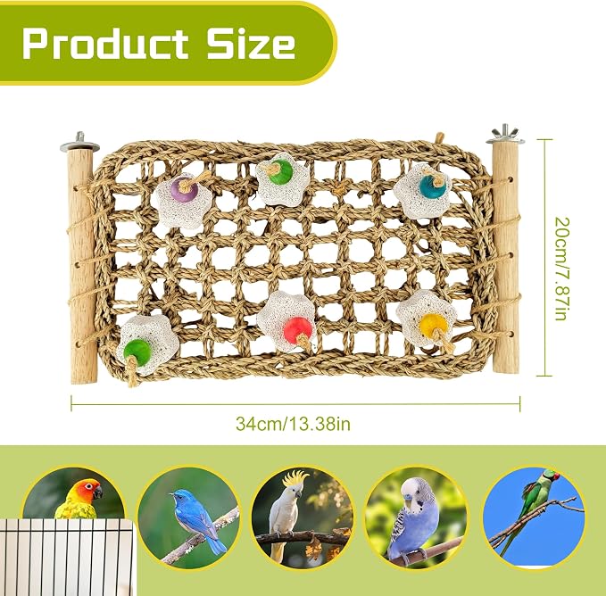 FlidRunest Conure Seagrass Mat with Grinding Calcium Stone Chewing Toy | Parrot Beak Grinding Stone and Seagrass Ladder Bridge Stands, Hand-Woven Net Climbing Net for Budgie Parakeet