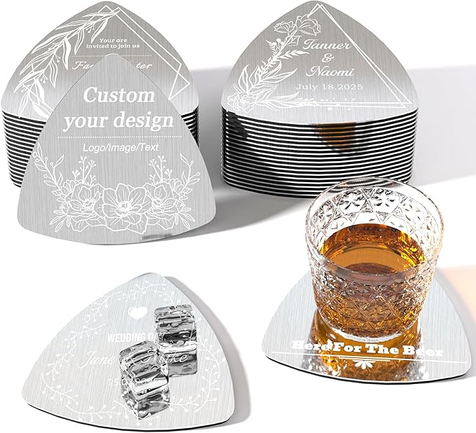 Personalized Coasters,Stainless Steel Coaster with Sponge Bottom,Engraved Drink Coasters with Logo/Name, Modern Coasters for Restaurant, Bar, Housewarming or Wedding Gift, Set of 6 (Silver, Triangle)