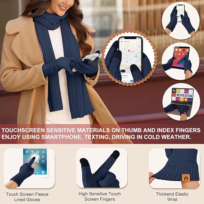 HEEKPEK Winter Beanie Hats Scarf Gloves Ear Muffs Fuzzy Socks 5pcs Set for Women Cold Weather Beanies Touch Screen Gloves