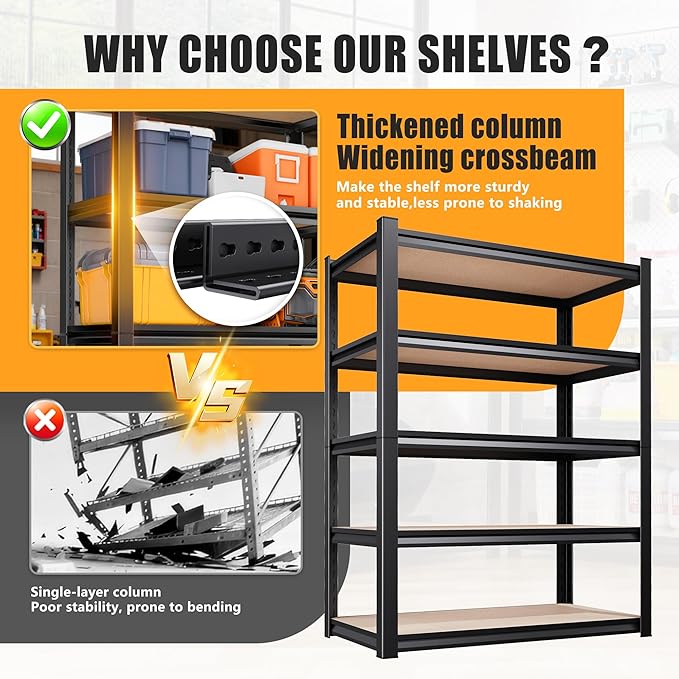 AOAORRG Garage Shelving Heavy Duty Storage Shelves, Metal Adjustable Shelving Unit, Utility Garage Organizer Shelf for Basement, Pantry, Kitchen, Warehouse, 15.7" Dx33.5 Wx35 H, Black