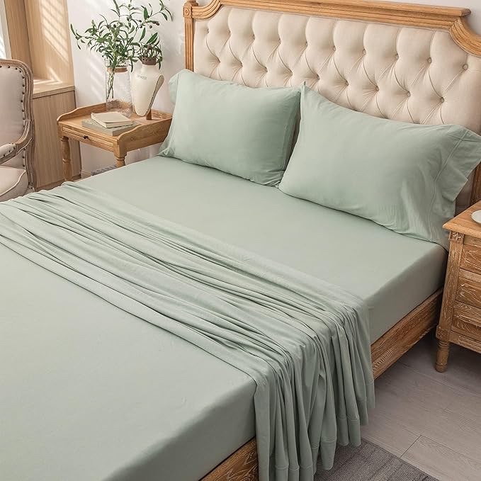 PURE ERA Jersey Knit 3pcs Bed Sheet Set 100% T-Shirt Cotton Super Soft Comfy Breathable Fits Mattress Up to 15" Extra Deep Pocket (Solid Sage Green, Twin XL)