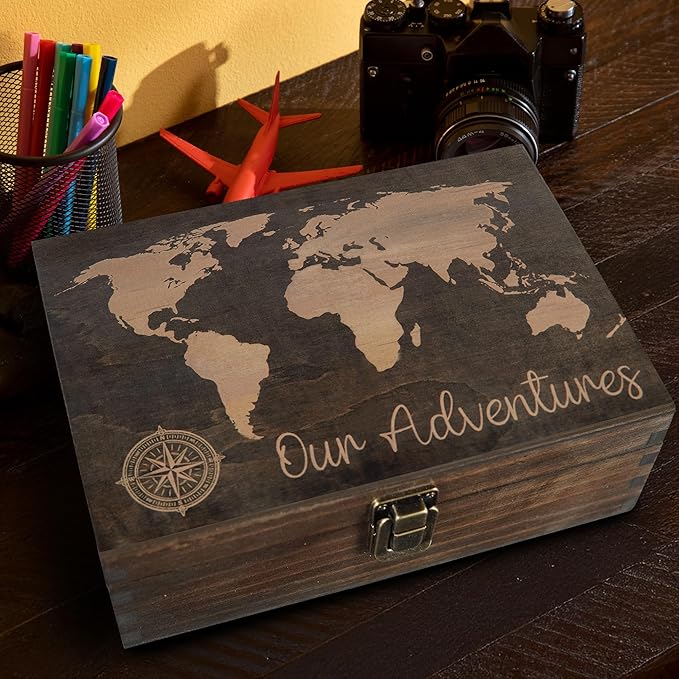 Engraved Adventure Memory Box – Wooden Keepsake Box for Travel, Camping, and Life Milestones – Medium Size – Dark Walnut Finish – 8.5 x 6 x 3 in