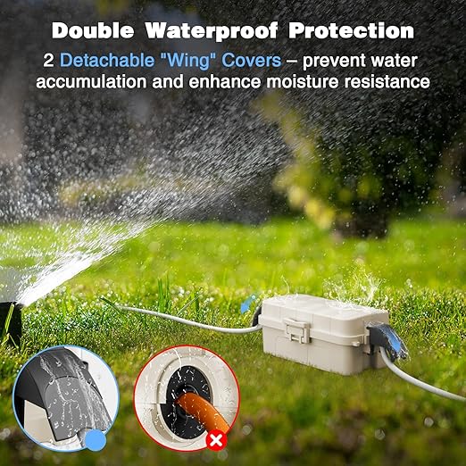 FLEMOON [2 Pack] IP55 Outdoor Electrical Box Waterproof with Detachable Awning Covers, 8.3 x 4.1 x 3.7 inch Weatherproof Extension Cord Cover, Easy Installation for Outdoor Plug, String Lights, Almond