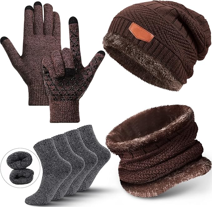 Winter Fleece Lined Beanie Hat Scarf Sock Touchscreen Gloves Set for Men Women