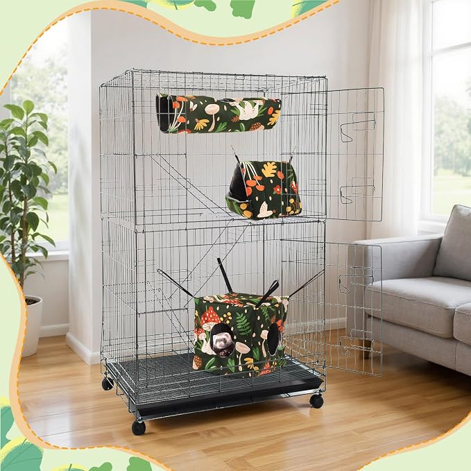 6 Pack Small Animal Hammock Set, Ferret, Guinea Pig, Rat Hanging Bed & Hideout Tunnel, Cozy Washable Cage Accessories for Hamster, Chinchilla, Sugar Glider