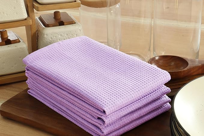 PurpleEssences Waffle Weave Kitchen Towel, 100% Cotton - 15x25 Inches, with Hanging Loop Ultra Soft Absorbent Quick Drying Dish Cloth, Tea and Hand Towels, 6 Pack - Christmas Holiday Winter - Lavender