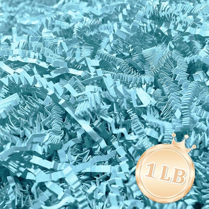 Zankubom 1 LB Sky Blue Crinkle Cut Paper Shred Filler Great for Gift Wrapping, Sky Blue Basket Fillers, Birthday, Halloween Thanksgiving Christmas Easter Party Decor Filling Supplies