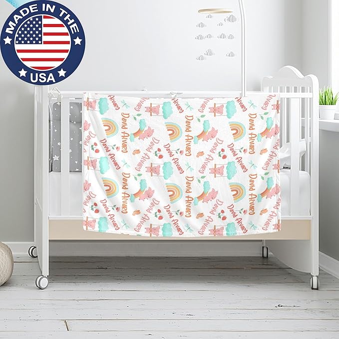 Ship Next Day Personalized Baby Blanket, Printed in USA - Custom Name Toddler Blanket with Pig Pattern, Personalized
