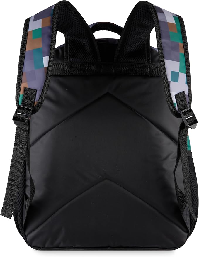 AI ACCESSORY INNOVATIONS Minecraft Backpack for Kids, Pixelated Block Print Design with Adjustable Straps, 16 Inch Rectangular Daypack, 3 Zippered Compartments, Water Repellent Polyester