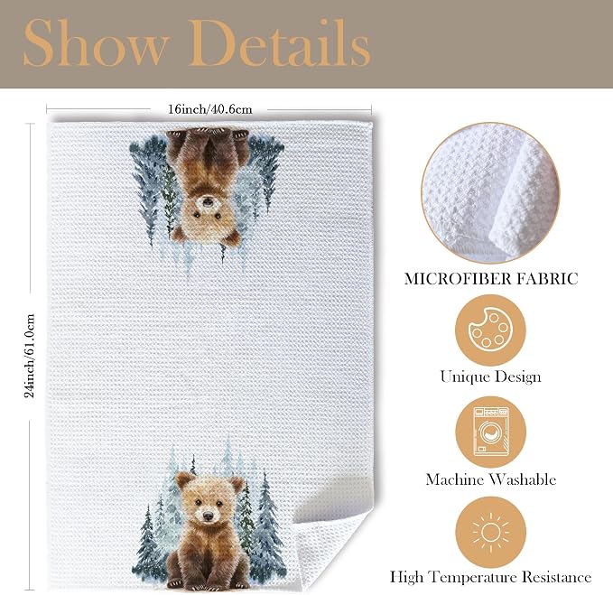 Winter Christmas Bear Kitchen Towels, Bear Lover Gifts Dish Tea Towels for Kitchen, Winter Pine Tree Forest Decorative Hand Towel for Kids Bathroom Decor, 16x24 Inch
