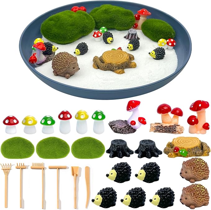 24 Pcs Hedgehog Zen Garden with Tray Sand Tools and Accessories | Micro Landscape Ornaments Suitable for Hedgehog Decor Meditation Room Office and Home Tools for Relaxation and Mindfulness