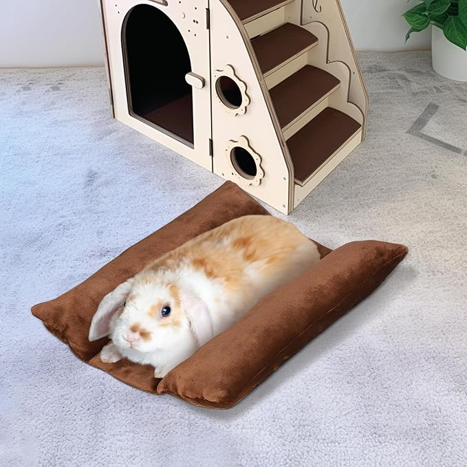 MEWTOGO 15.7" x 14" Bunny Bed for Rabbit Cage, Thickened & Soft | Prevent Sore Hocks Plush Mat with Cotton Lounger Pillows, Small Animal Flop Mat for Hutch Sleeping Indoor, Brown