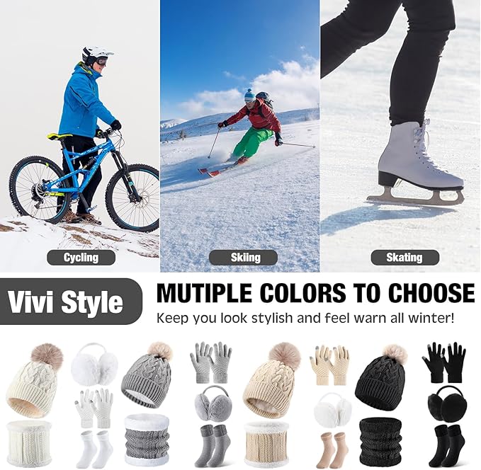 SATINIOR 5 Pcs Winter Hat Scarf Gloves Set Fleece Warm Lined Knit Beanie Hat Touch Screen Earmuff Gloves Warmer for Women(White,Vivid Style)